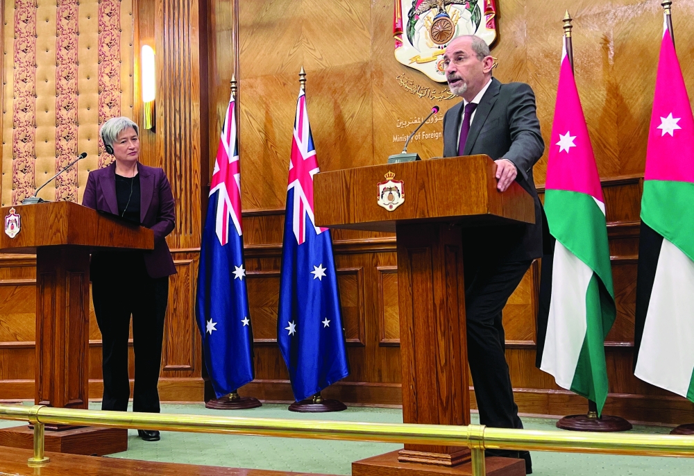 Jordanian Foreign Minister Ayman Safadi attends a press conference with Australian Foreign Minister Penny Wong in Amman, Jordan. — Reuters