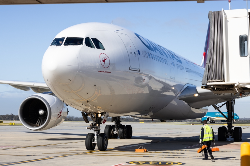 A Qantas Airbus A330 taxies to a gate at the Melbourne Airport in Australia on Sept. 22, 2023.