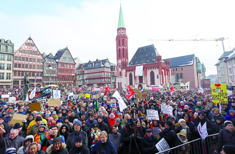 Tens of thousands attend a protest against the Alternative for Germany (AfD) party, right-wing extremism and for the protection of democracy in Frankfurt, Germany. — Reuters
