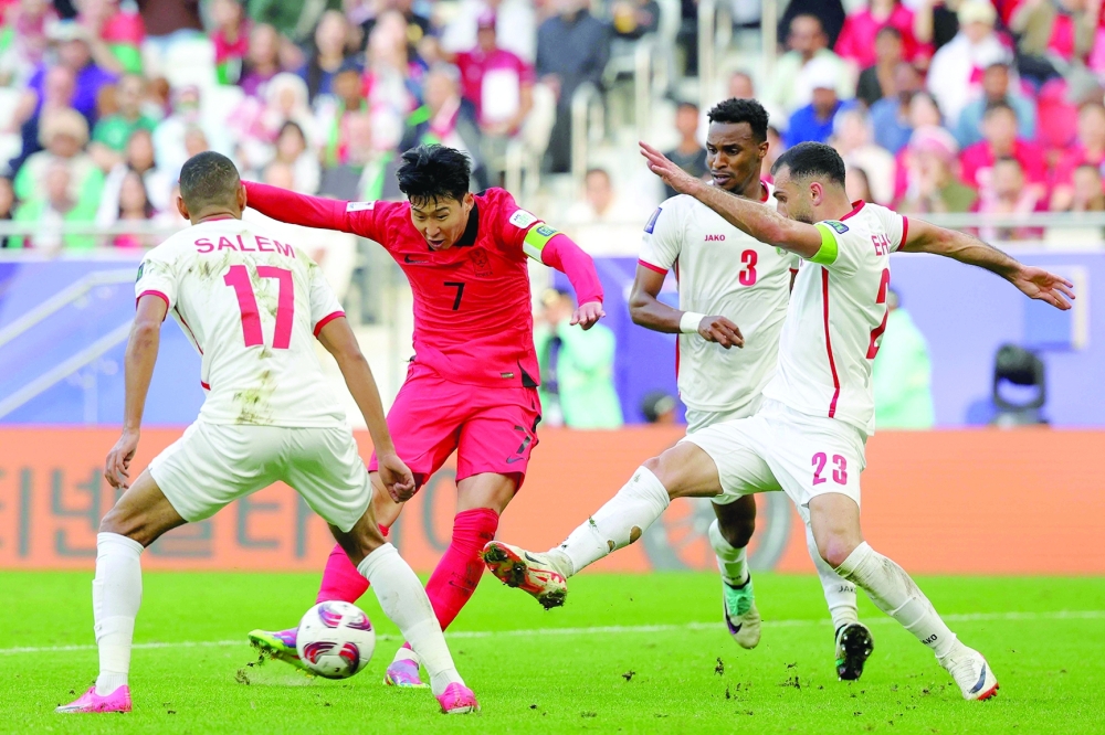 Jordan's defender #23 Ehsan Haddad vies for the ball against South Korea's midfielder #07 Son Heung-min during the Qatar 2023 AFC Asian Cup Group E football match between Jordan and South Korea at the Al-Thumama Stadium in Doha on January 20, 2024.