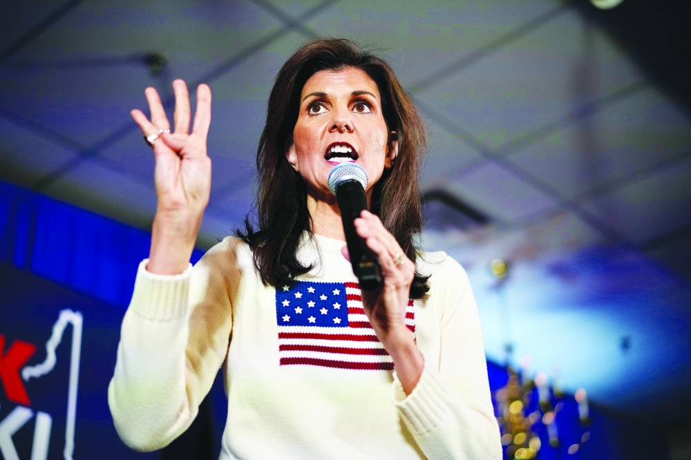 Nikki Haley, the Republican presidential candidate, addresses during a campaign event at the Keene Country Club in Keene. 
