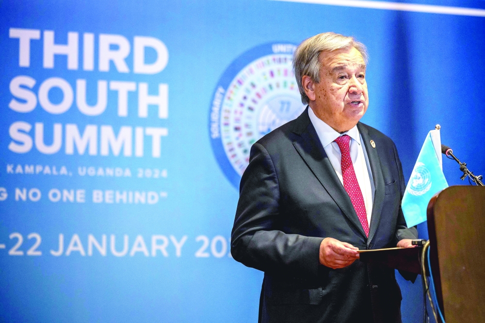 Secretary General of the United Nations Antonio Guterres conducts a press conference following the opening session of the Third South Summit of the Group of 77 and China, in Kampala. — AFP 