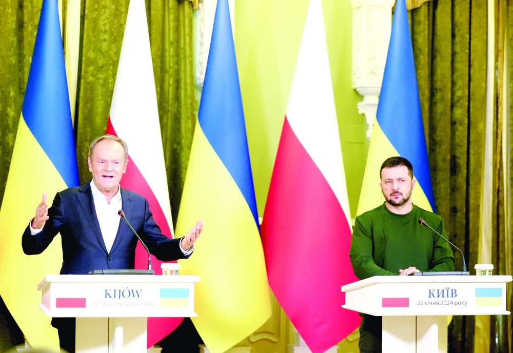 Ukrainian President Volodymyr Zelenskiy and Polish Prime Minister Donald Tusk attend a joint press conference, in Kyiv, Ukraine. — Reuters 