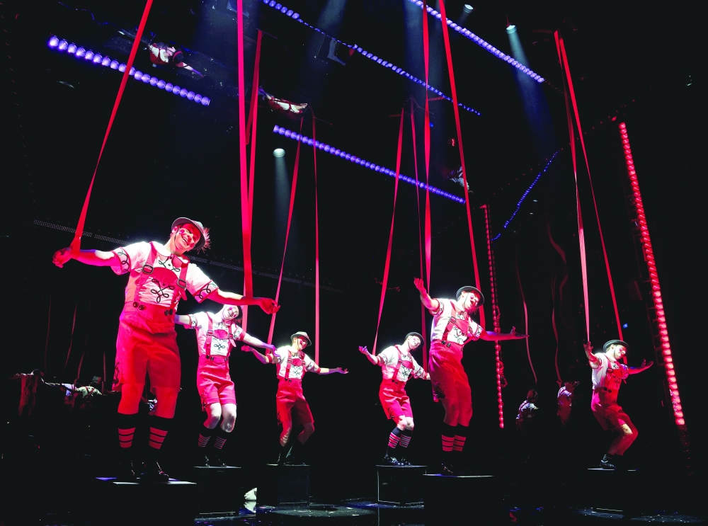 The actors portraying the Comedian Harmonists dressed as human marionettes while performing the anti-Nazi satire Come to the Fatherland, in Barry Manilows Harmony, at the Ethel Barrymore Theater in New York, Oct. 18, 2023. 