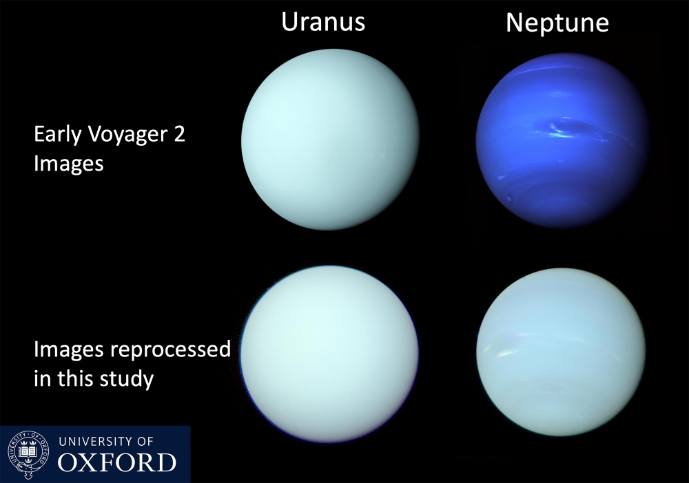 Undated images provided by the University of Oxford show a 1986 image of Uranus and a 1989 image of Neptune released shortly after each Voyager 2 flyby, compared with the universitys reprocessed images of the planets that better approximate their true colors. (University of Oxford via The New York Times) 