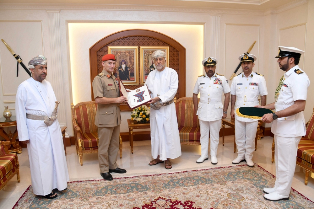 His Majesty Sultan Haitham bin Tarik confers Oman Military Order (2nd Class) on chief British loan officer Maj. Gen. Felix Gedney.