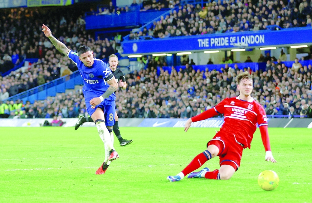 Soccer Football - Carabao Cup - Semi-Final - Second Leg - Chelsea v Middlesbrough - Stamford Bridge, London, Britain - January 23, 2024 Chelsea's Enzo Fernandez shoots at goal Action Images via Reuters