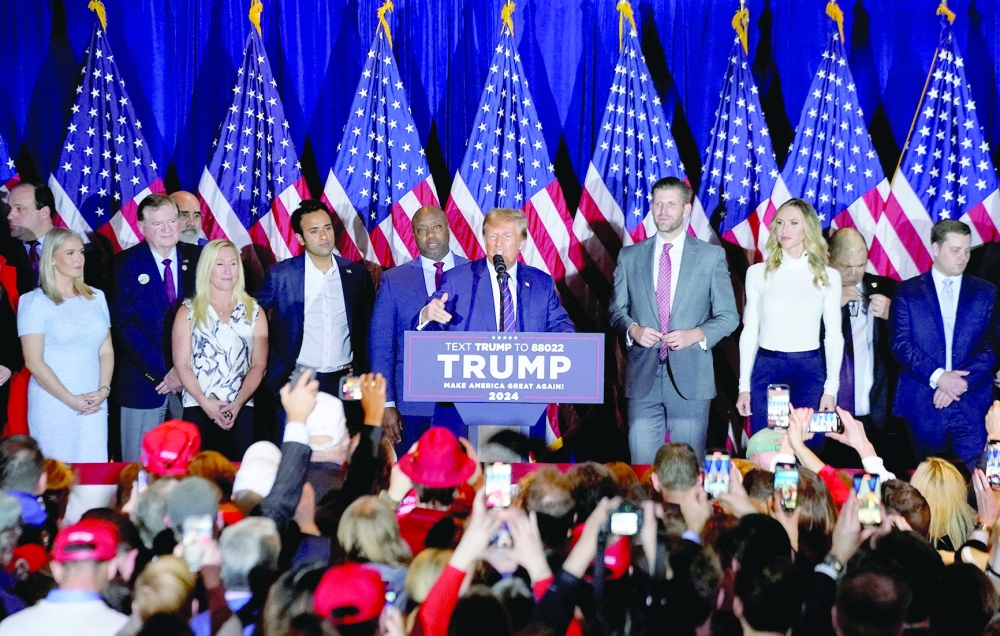 Former US President and Republican presidential candidate Donald Trump speaks on stage during a New Hampshire presidential primary election night watch party, in Nashua, New Hampshire, US. — Reuters