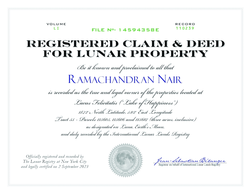 The registered claim and deed for lunar property for Ramachandran Nair