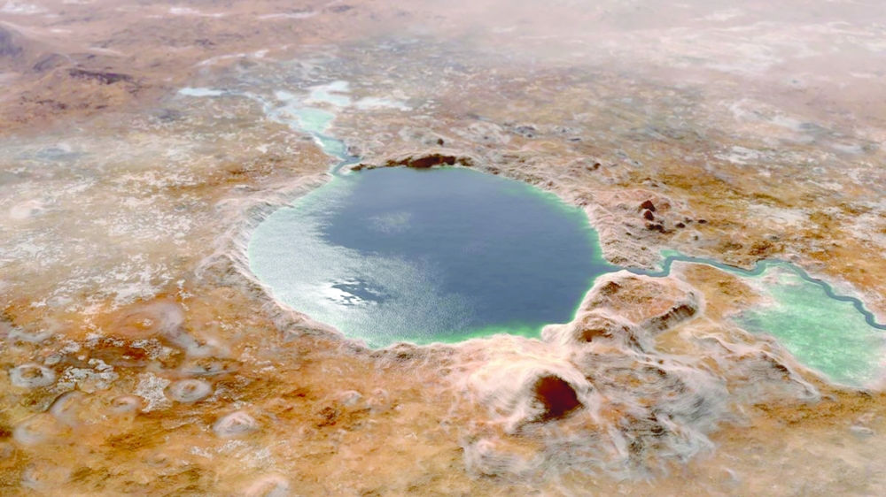 An illustration of Jerezo Crater, the landing locale of the Mars 2020 Perseverance rover as it might have appeared billions of years ago.