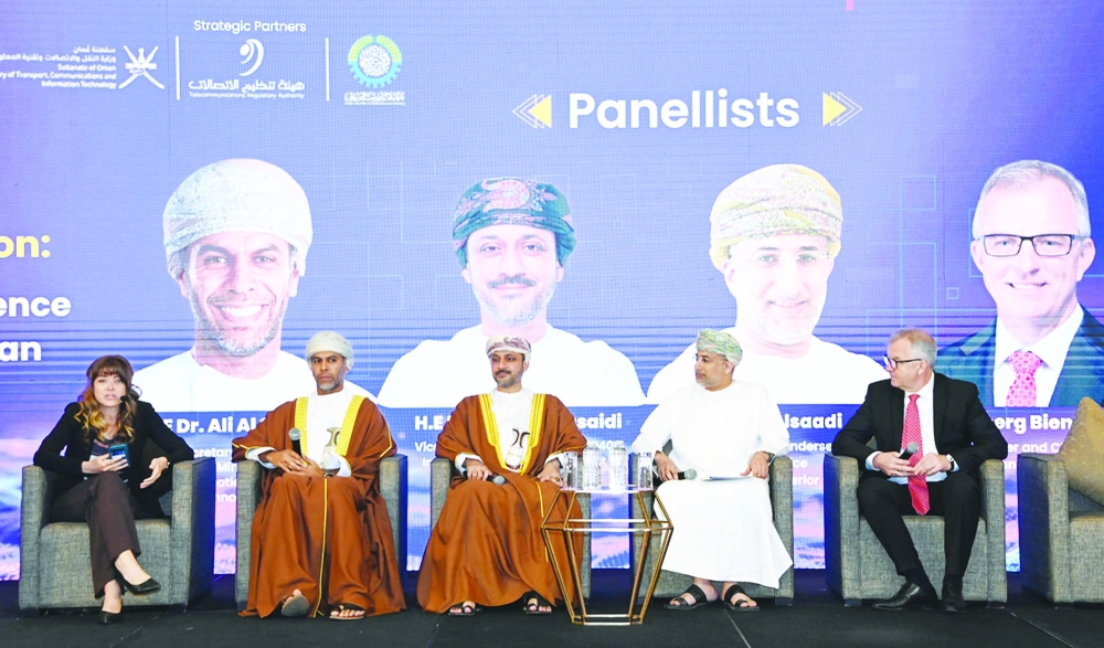 (l-r) Rebecca Olson CEO at Oman American Business Council (AmCham Oman), Dr Ali al Shidhani, Under-Secretary of the Ministry of Transport, Communications and Information Technology, Munther al Busaidi, Vice-Chairman of the Vision 2040 Implementation Follow-up Unit, Dr Talal al Saadi, Director of the Under-Secretary’s office at the Ministry of Interior and Joerg Bienert, Co-Founder and Chairman at German AI Association speak during the opening panel discussion of the Oman AI Summit 2024.