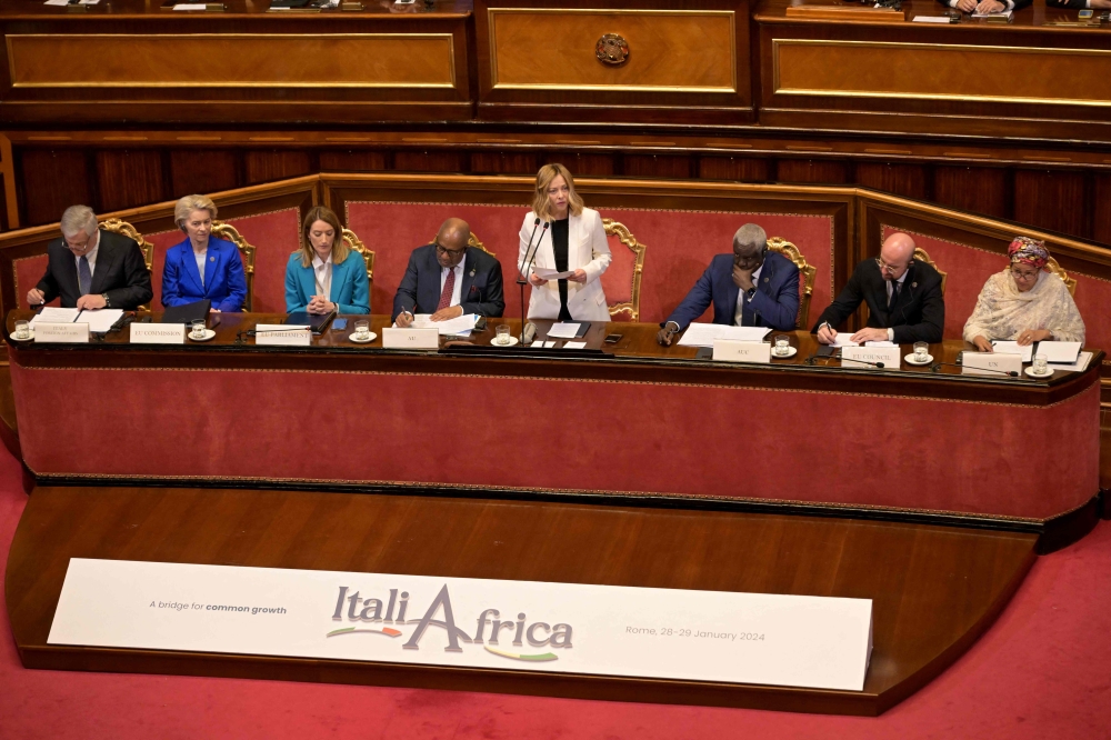 Italy's Prime Minister, Giorgia Meloni (C) addresses the guests of the Italy-Africa international conference 'A bridge for common growth’ at the Italian Senate in Rome. — AFP 
