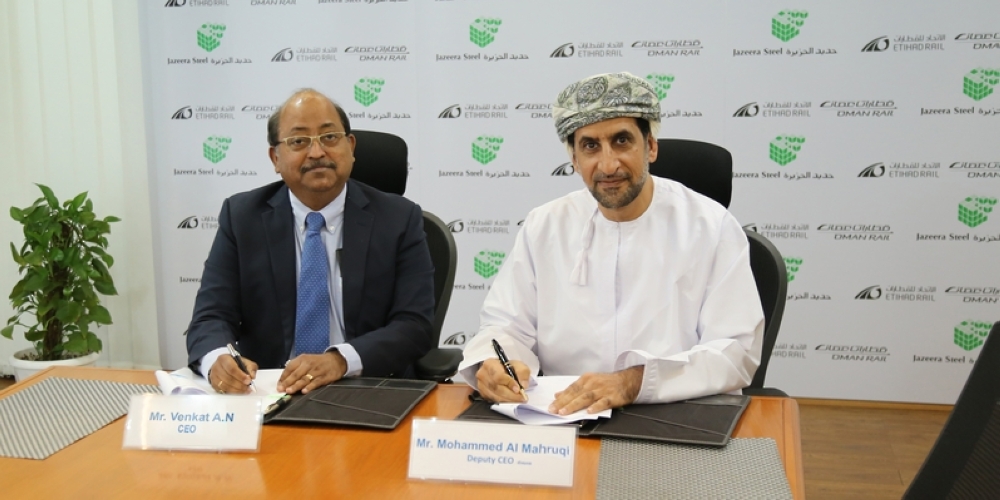 Mohammed bin Zahran al Mahrouqi, Executive Vice President of Oman and Etihad Rail, and Venkat A.N., CEO of Al Jazeera Steel Products Company signed the agreement