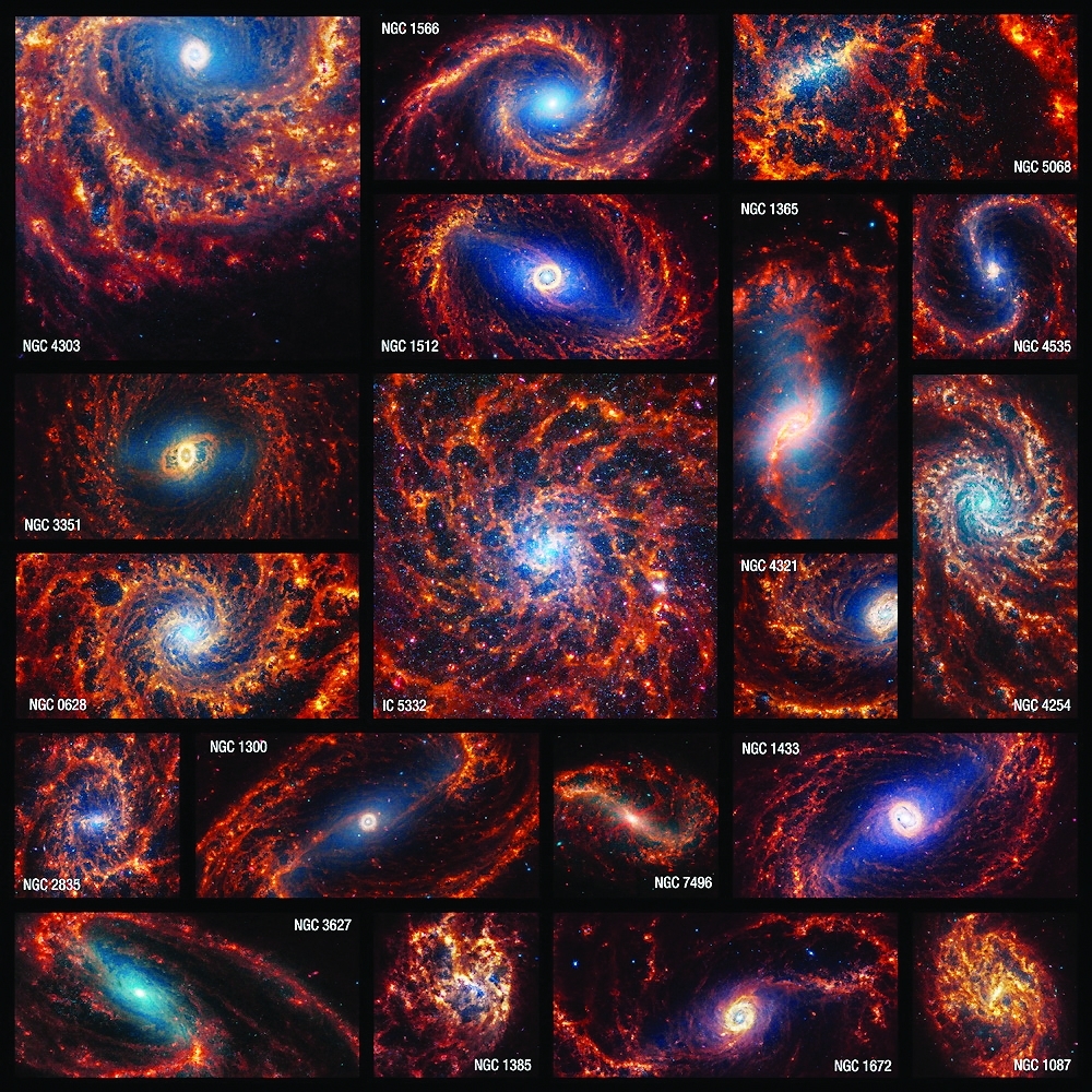 A collection of 19 spiral galaxies, viewed face-on, from the James Webb Space Telescope in near- and mid-infrared light is seen in this undated combination photograph. 