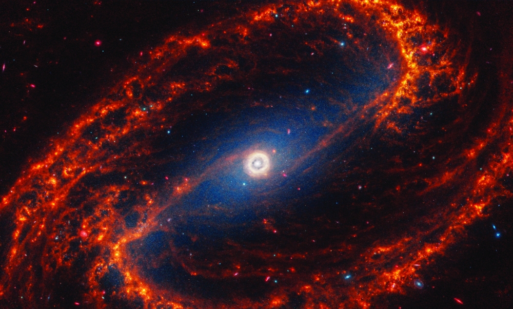 Spiral galaxy NGC 1300, located 69 million light-years away from Earth, is seen in an undated image from the James Webb Space Telescope. 