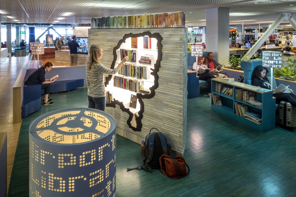 A library featuring Dutch literature at Schiphol Airport in Amsterdam. (Schiphol Airport via The New York Times)