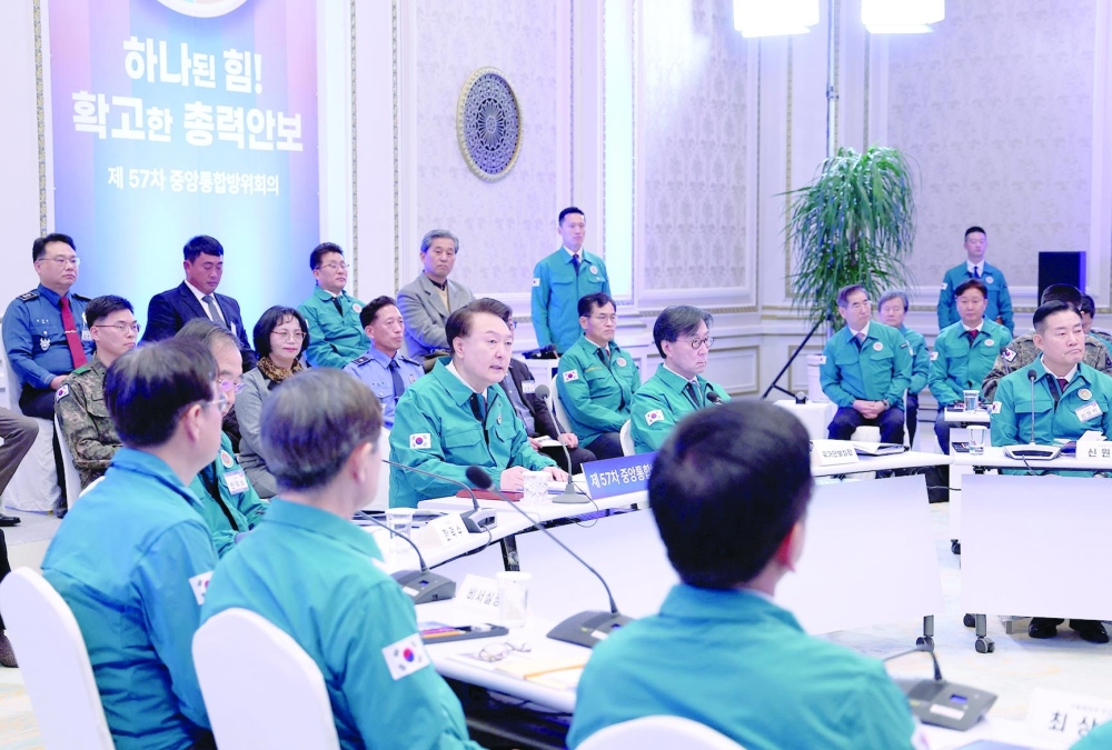 South Korean President Yoon Suk Yeol presides over the central integrated defence meeting in Seoul, South Korea. — Reuters