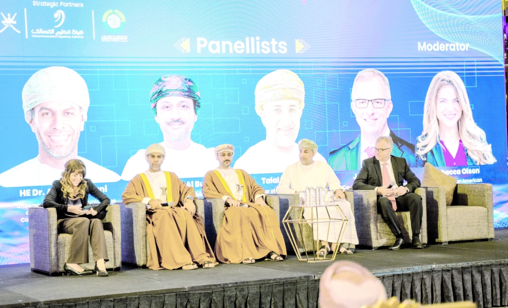 (l-r) Rebecca Olson CEO at Oman American Business Council, Dr Ali al Shaithani, Under-Secretary of the Ministry of Transport, Communications and Information Technology, Munther al Busaidy, Vice-Chairman of the Oman Vision 2040 Implementation Follow-up Unit, Dr Talal al Saadi, Director of the Under-Secretary’s office at the Ministry of Interior and Joerg Bienert, Co-Founder and Chairman at German AI Association are seen during the opening panel discussion of the Oman AI Summit 2024.
