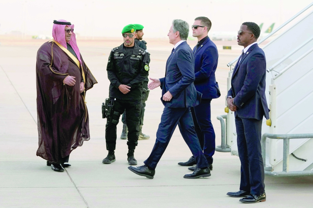US Secretary of State Antony Blinken disembarks from the plane upon arriving at King Khalid International Airport in the Saudi capital Riyadh. — AFP 