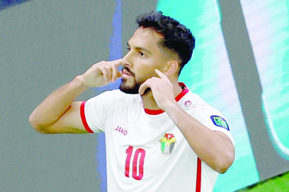 Jordan's midfielder #10 Musa al-Tamari celebrates after scoring his team's second goal during the Qatar 2023 AFC Asian Cup semi-final football match between Jordan and South Korea at the Ahmad Bin Ali Stadium in Al-Rayyan, west of Doha on February 6, 2024.