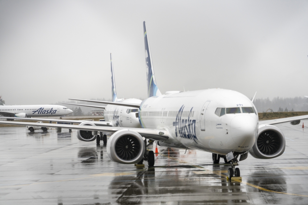 Grounded Alaska Airlines Boeing 737 Max 9 jets at Seattle-Tacoma International Airport on Jan. 8, 2024.  (M. Scott Brauer/The New York Times)