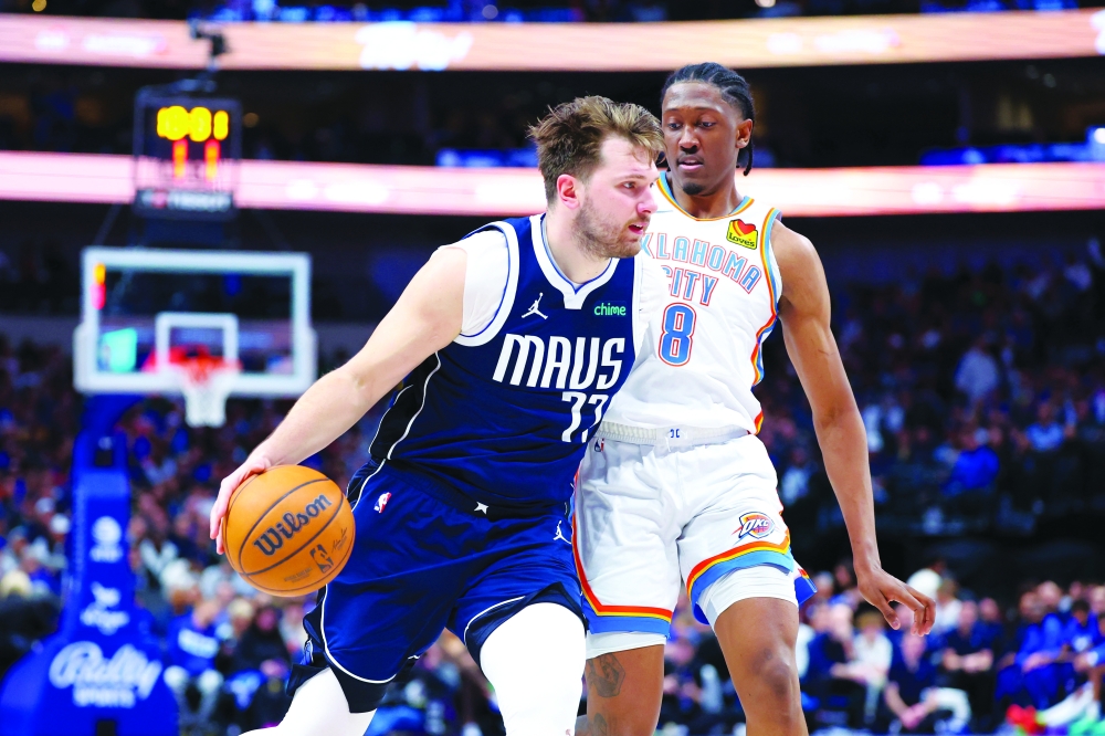 Luka Doncic (77) drives to the basket as Jalen Williams (8) defends.— USA TODAY Sports

