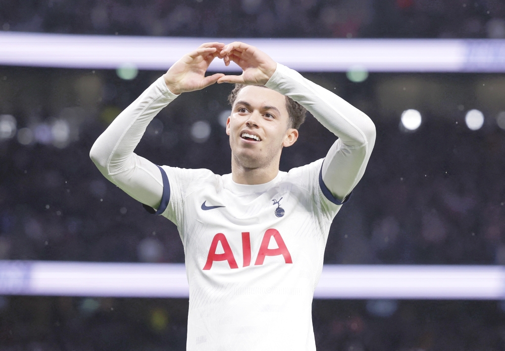 Tottenham Hotspur's Brennan Johnson celebrates scoring their second goal.— Reuters