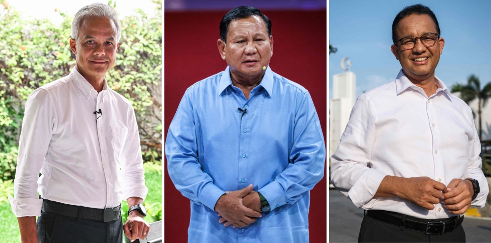 Indonesia's presidential candidates Ganjar Pranowo (L), Prabowo Subianto, and Anies Baswedan in Tangerang. AFP

