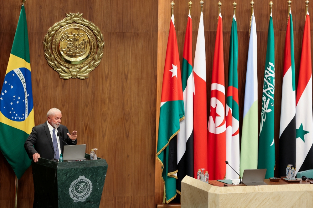 Brazil's President Luiz Inacio Lula da Silva gives a speech during his visit to the Arab League headquarters in Cairo, Egypt. — Reuters