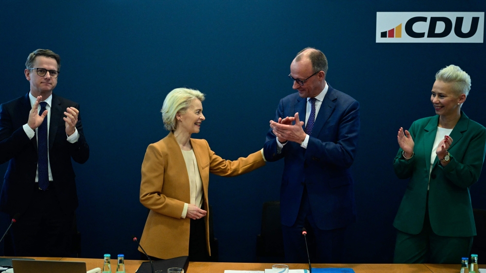 European Commission President Ursula von der Leyen (2ndL) stands next to the leader of Germany's Christian Democratic Union CDU Friedrich Merz (2ndR) during a leadership meeting of the CDU party in Berlin, Germany . — AFP 