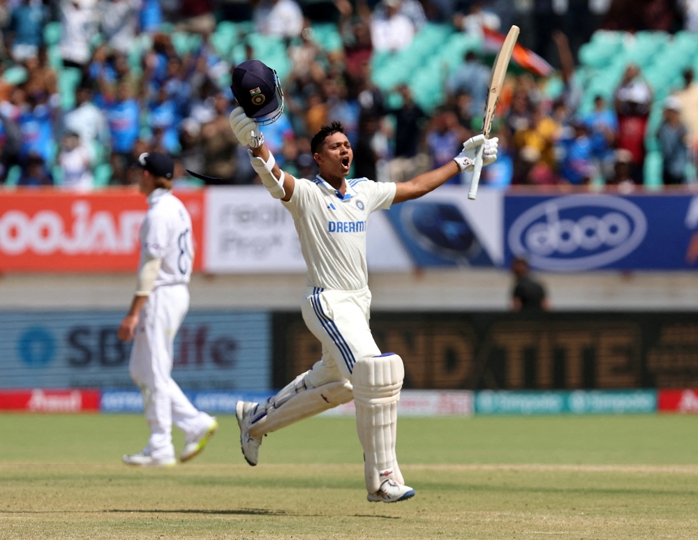 India's Yashasvi Jaiswal celebrates after reaching his double century.— REUTERS