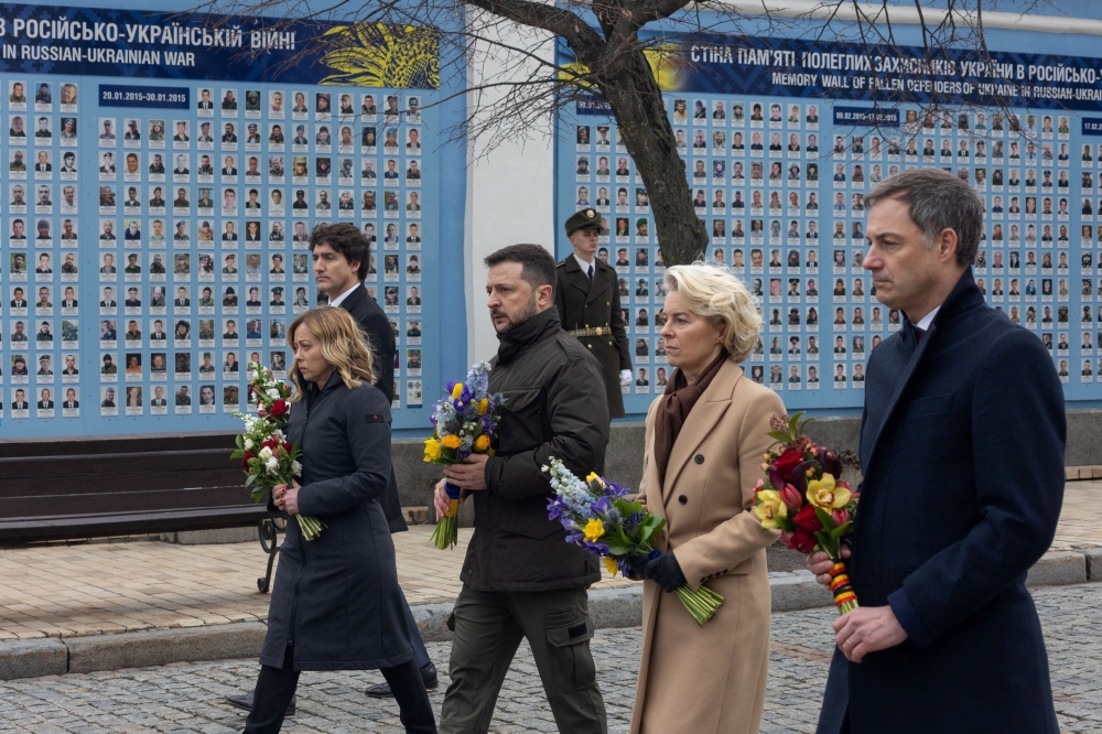 Ukraine's President Volodymyr Zelenskiy (C) with western leaders visit the Memory Wall of Fallen Defenders of Ukraine on the second war anniversary, Kyiv. — Reuters 