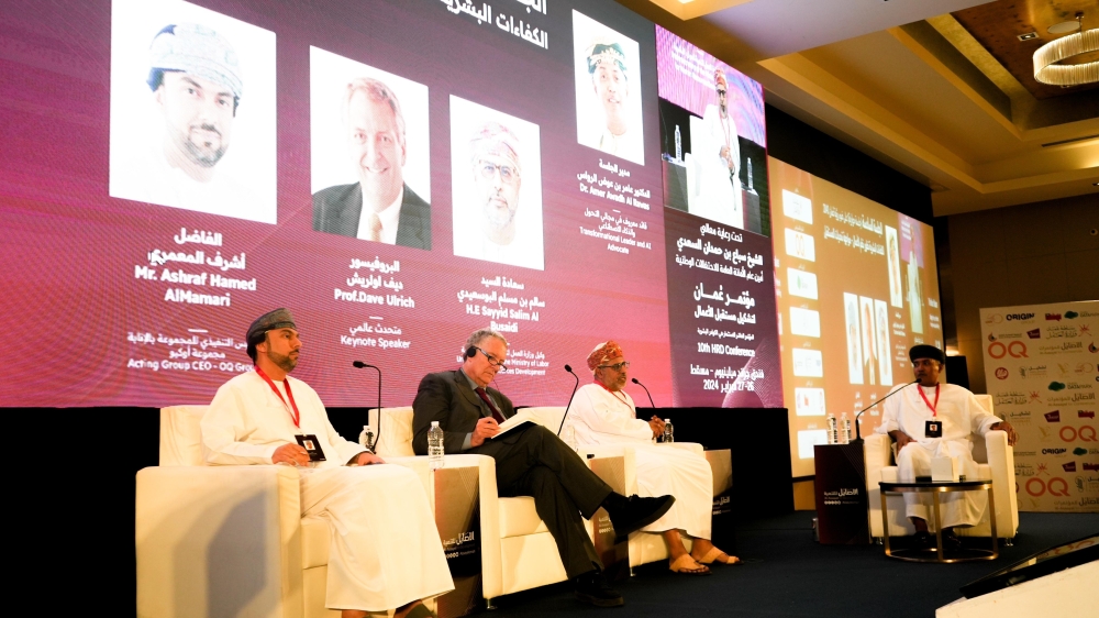 Ashraf al Maamari, Acting CEO of OQ Group, Prof Dave Ulrich, Sayyid Salim al Busaidy, Under-Secretary of the Ministry of
Labour for Human Resources Development and Dr Amer al Rawas, transformational leader and AI advocate are pictured
during the panel discussion at the 10th Oman HRD Conference.