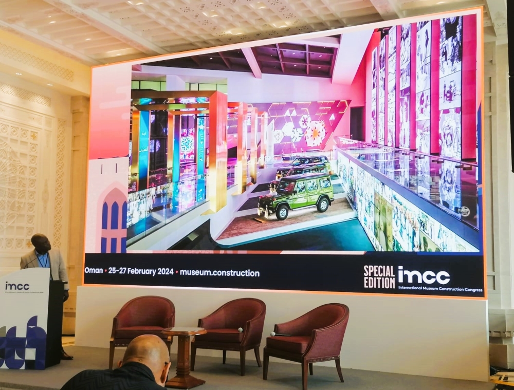 Jared Mensah, Director of Greenway Associates Limited UK, shows a slide depicting the interior of Oman Across Ages Museum, during an IMCC Oman session in Muscat.