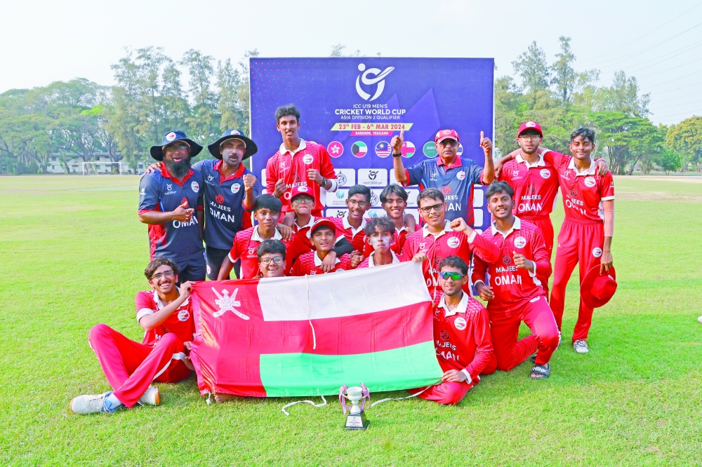 Oman cricket team celebrates after for ICC U19