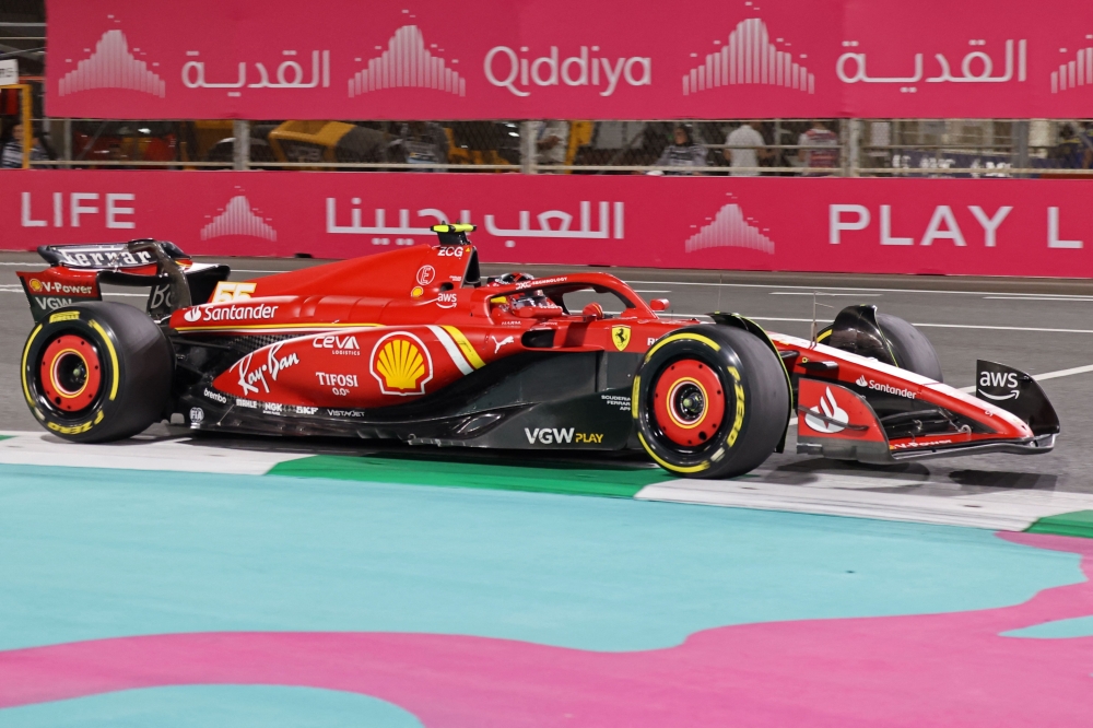 Ferrari's Spanish driver Carlos Sainz Jr drives during the second practice session of the Saudi Arabian Formula One Grand Prix at the Jeddah Corniche Circuit
