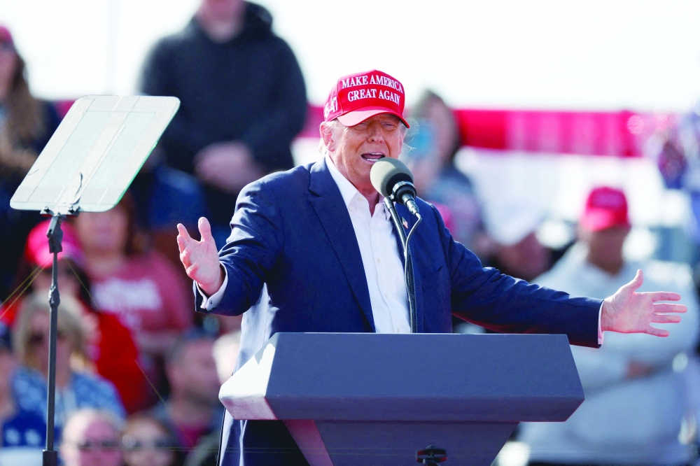 Former US President and Republican presidential candidate Donald Trump speaks during a Buckeye Values PAC Rally in Vandalia, Ohio. — AFP 