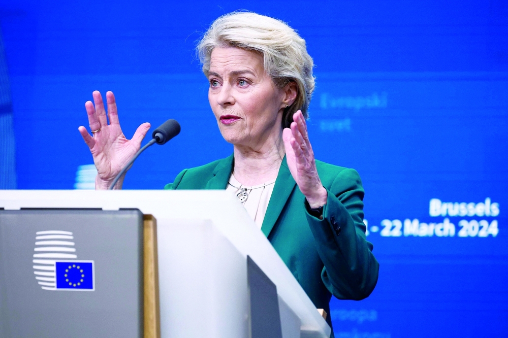 European Commission President Ursula von der Leyen during a press conference on the second and last day of the European Council summit at the EU headquarters in Brussels
