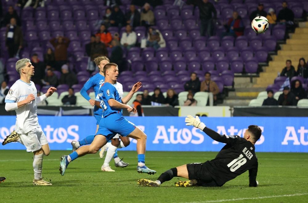 Euro 2024 Qualifier - Play-Off - Israel v Iceland - Szusza Ferenc Stadion, Budapest, Hungary - March 21, 2024 Iceland's Albert Gudmundsson scores their third goal  