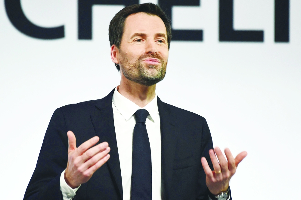 International Director of The Michelin Guides, Gwendal Poullennec delivers remarks on stage during the Michelin Guide for France 2024 awards ceremony in Tours, center France on March 18, 2024. The Michelin guide awarded on March 18, 2024 62 stars to French restaurants, a class of 2024 rich in first honors, with 52 first stars, eight second stars and two triple-starred houses.