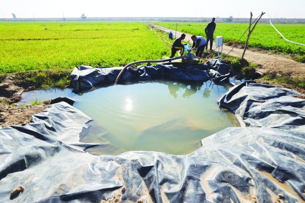 Farmers set up the sprinklers, part of a new water management systems brought by the UN World Food Programme, on a farm in the village of al-Azrakiya, in Iraq's central province of Anbar, on February 22, 2024. Hundreds of Iraqi farmers benefited from new water management systems brought by the WFP. It uses automated sprinklers and drip irrigation to ensure scarce water is used in the most efficient way and not lost as run-off or evaporated under the blazing sun.