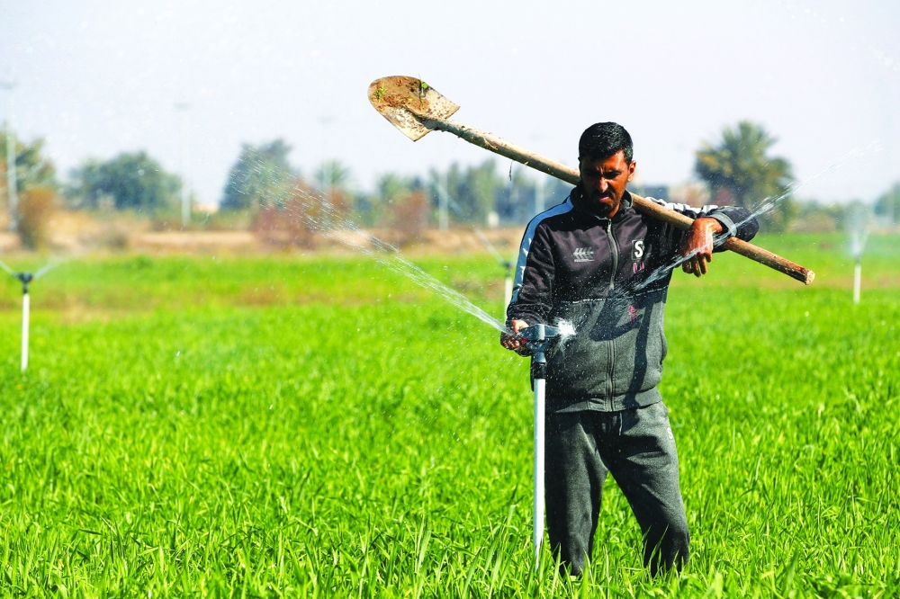 A farmer adjusts a sprinkler, part of a new water management systems brought by the UN World Food Programme, on his farm in the village of al-Azrakiya, in Iraq's central province of Anbar, on February 22, 2024. Hundreds of Iraqi farmers benefited from new water management systems brought by the WFP. It uses automated sprinklers and drip irrigation to ensure scarce water is used in the most efficient way and not lost as run-off or evaporated under the blazing sun.