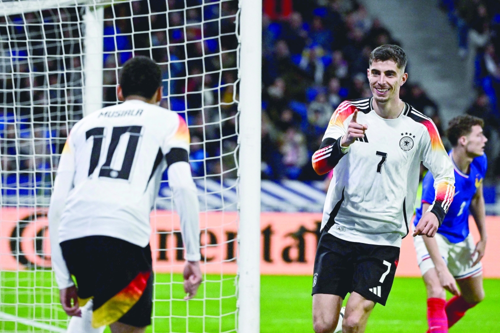  #07 Kai Havertz (R) celebrates after scoring Germany's second goal.— AFP

