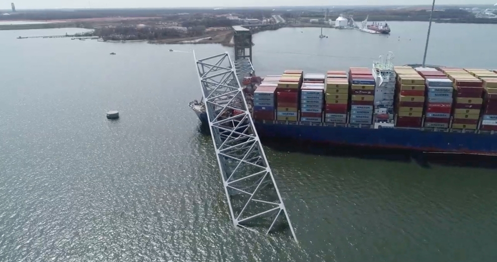 A drone view of the Dali cargo vessel, which crashed into the Francis Scott Key Bridge causing it to collapse