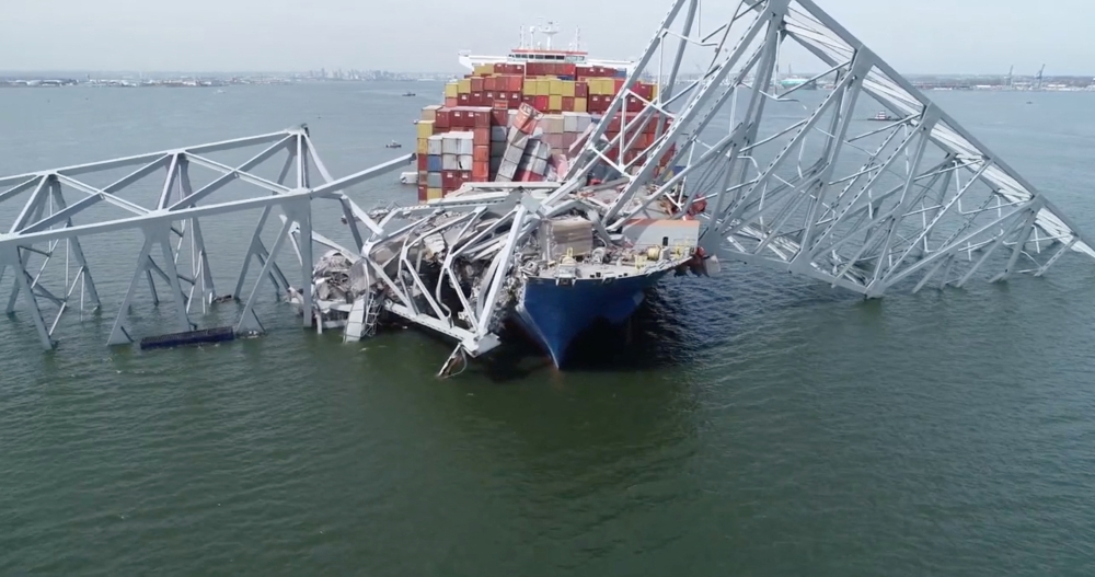 A drone view of the Dali cargo vessel, which crashed into the Francis Scott Key Bridge causing it to collapse