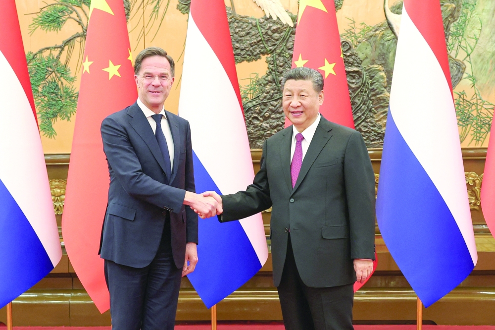 Chinese President Xi Jinping meets Prime Minister of the Netherlands Mark Rutte at the Great Hall of the People in Beijing. — Reuters 