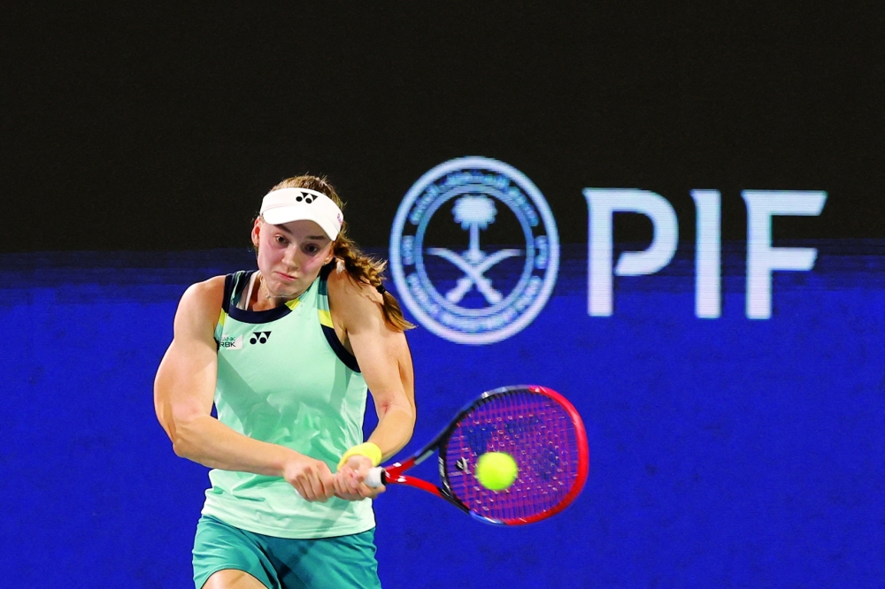 Mar 26, 2024; Miami Gardens, FL, USA; Elena Rybakina (KAZ) hits a backhand against Maria Sakkari (GRE) (not pictured) on day nine of the Miami Open at Hard Rock Stadium. Mandatory Credit: Geoff Burke-USA TODAY Sports