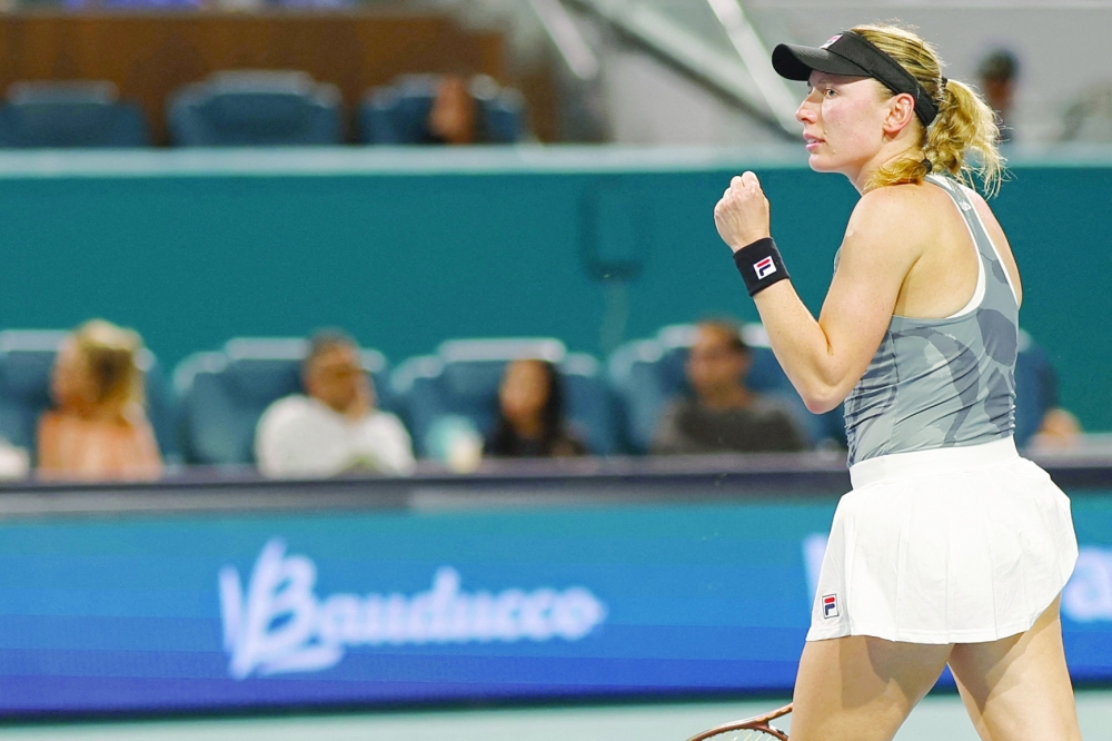 Ekaterina Alexandrova reacts after winning the second set against Jessica Pegula (USA) on day ten of the Miami Open at Hard Rock Stadium. 