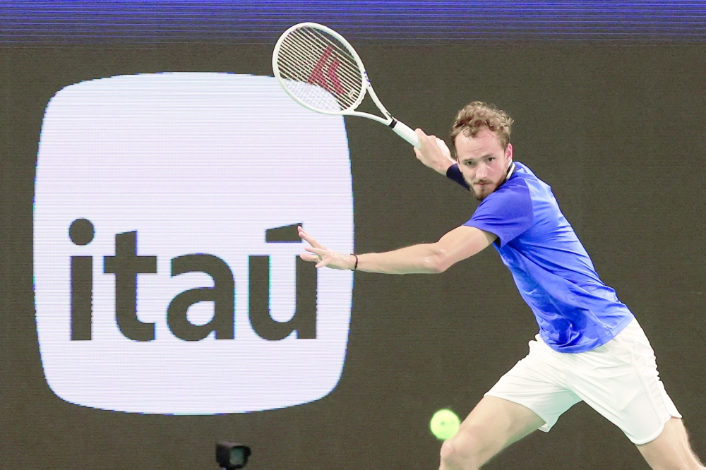 Daniil Medvedev hits a forehand against Nicolas Jarry (CHI) on day ten of the Miami Open at Hard Rock Stadium.