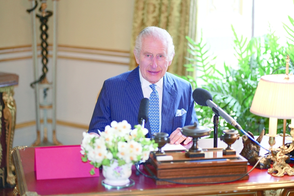 Britain's King Charles during the recording of his audio message for the Royal Maundy Service, which is to take place at Worcester Cathedral in the 18th Century Room at Buckingham Palace in London. - Reuters